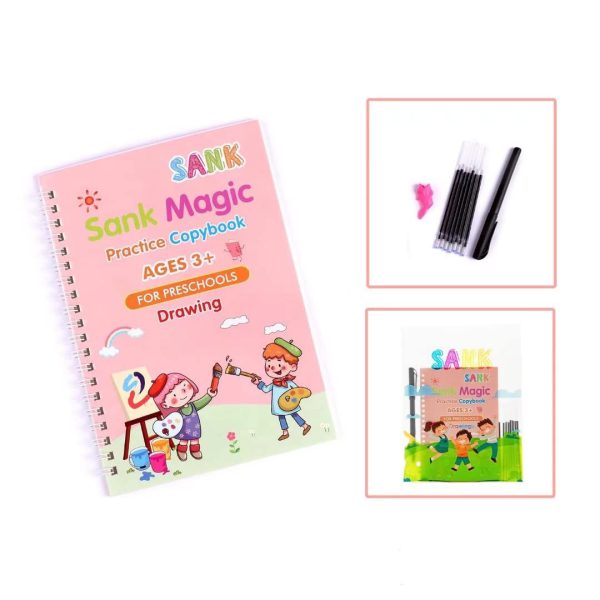 Pack of 4 Sank Magic book Practice | Tracing Handwriting First Pre-school Baby Learning Books for Kids (Books + Magic Pen with 10 Ink Refills)