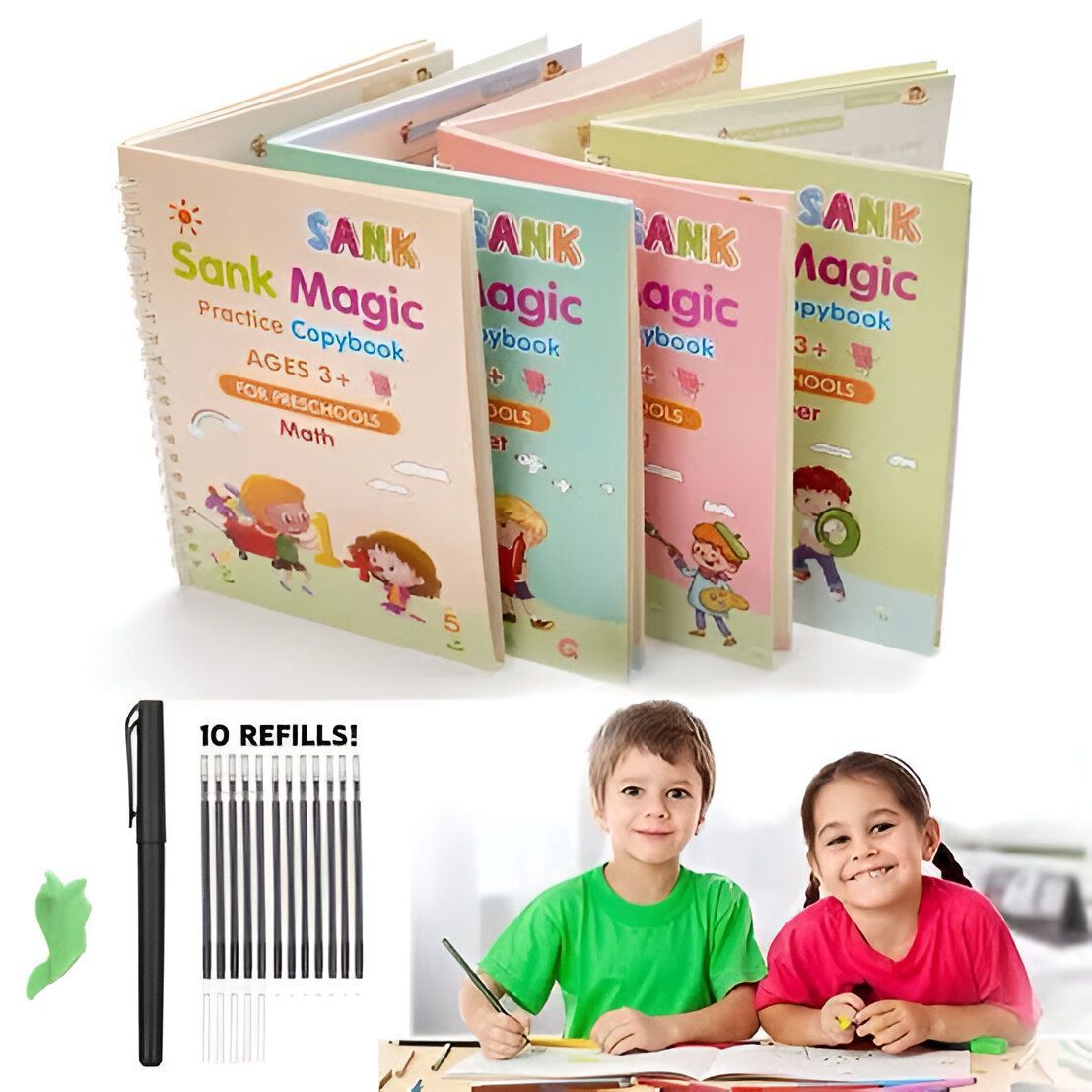 Pack of 4 Sank Magic book Practice | Tracing Handwriting First Pre-school Baby Learning Books for Kids (Books + Magic Pen with 10 Ink Refills)